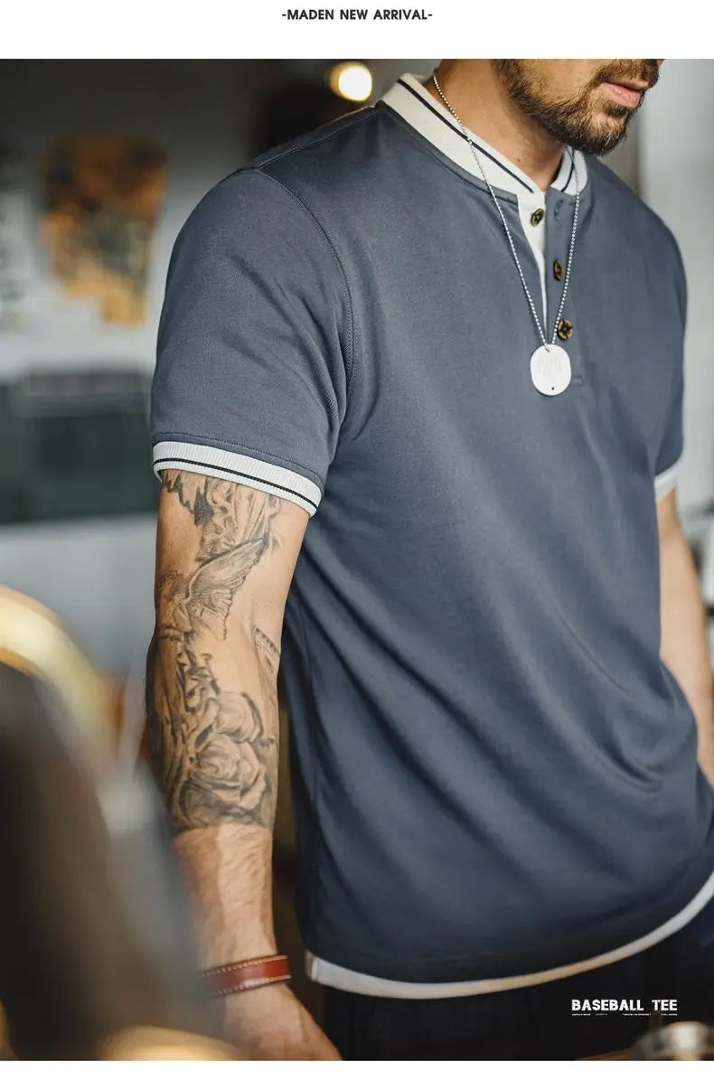 T-shirt Henley vintage à manches courtes pour homme Maden, style baseball, épais, contrasté, brodé, 100 % coton, style rétro, été