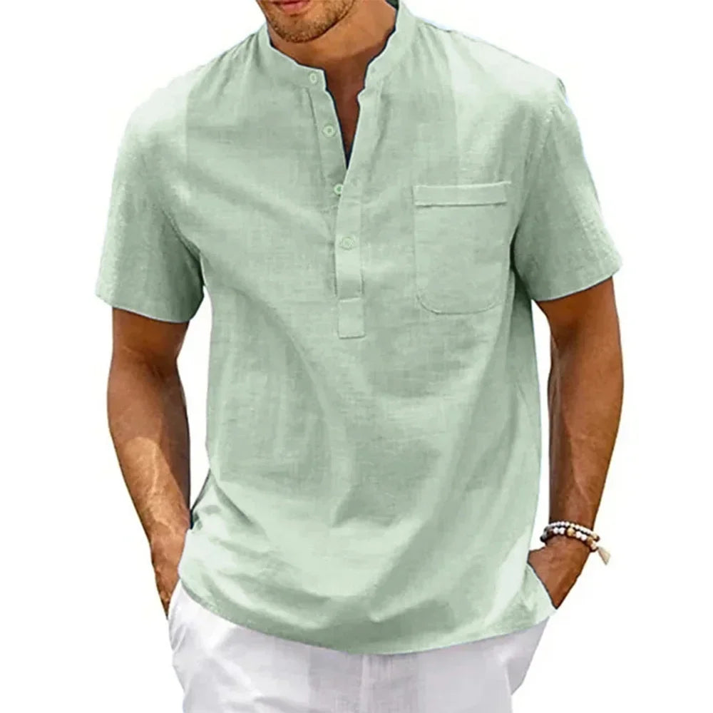 Chemise en coton et lin pour homme, col Henley, poche, décontractée, plage, manches courtes, couleur unie, vintage.