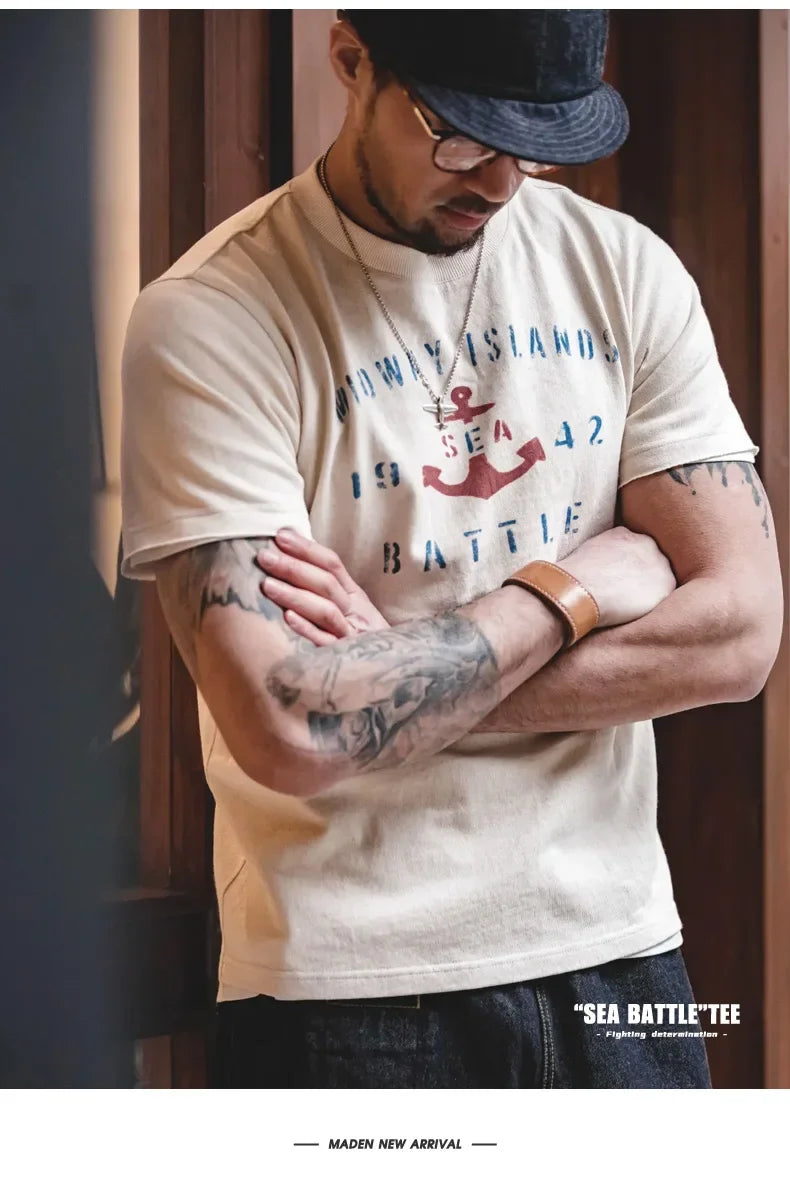 T-shirt à manches courtes en coton imprimé lettres vintage Maden pour homme, coupe ample, col ras du cou, décontracté, idéal au quotidien