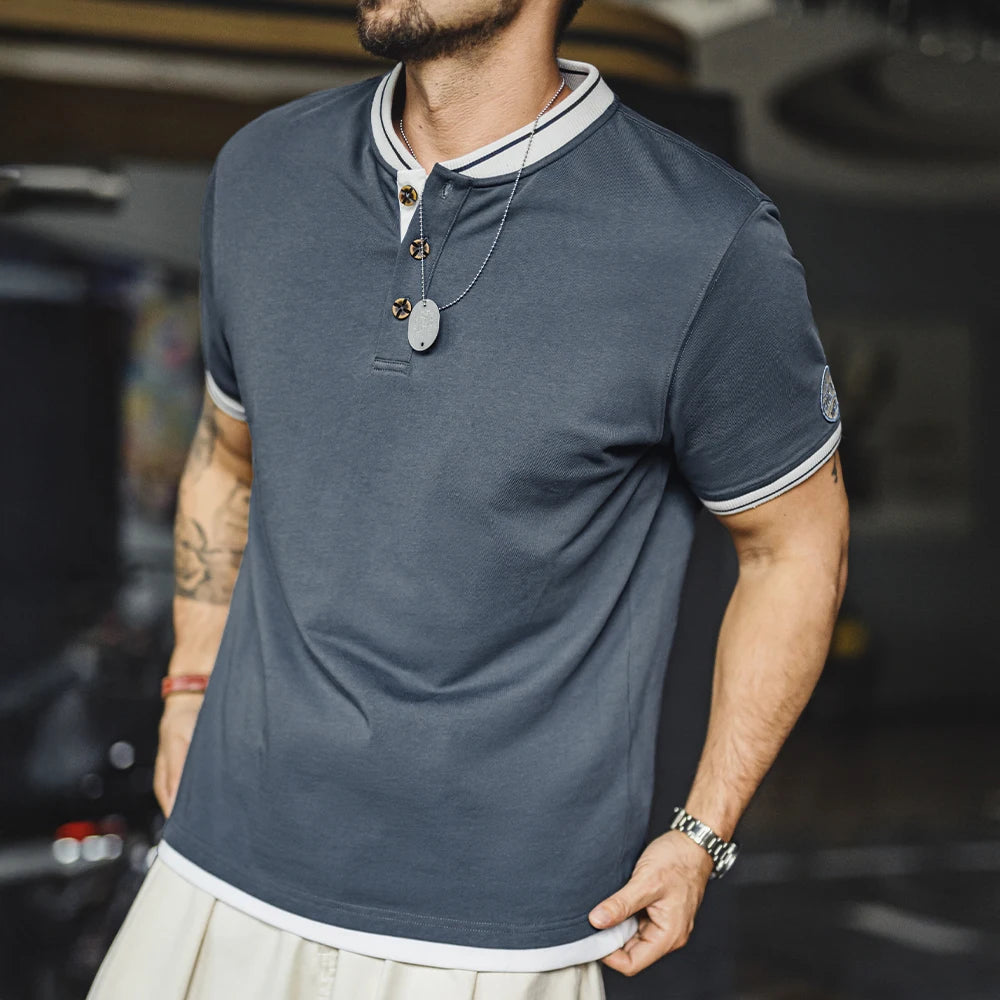 T-shirt Henley vintage à manches courtes pour homme Maden, style baseball, épais, contrasté, brodé, 100 % coton, style rétro, été
