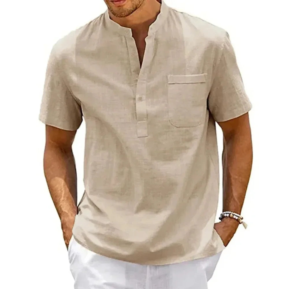 Chemise en coton et lin pour homme, col Henley, poche, décontractée, plage, manches courtes, couleur unie, vintage.