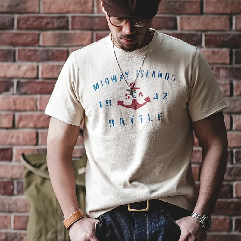 T-shirt à manches courtes en coton imprimé lettres vintage Maden pour homme, coupe ample, col ras du cou, décontracté, idéal au quotidien