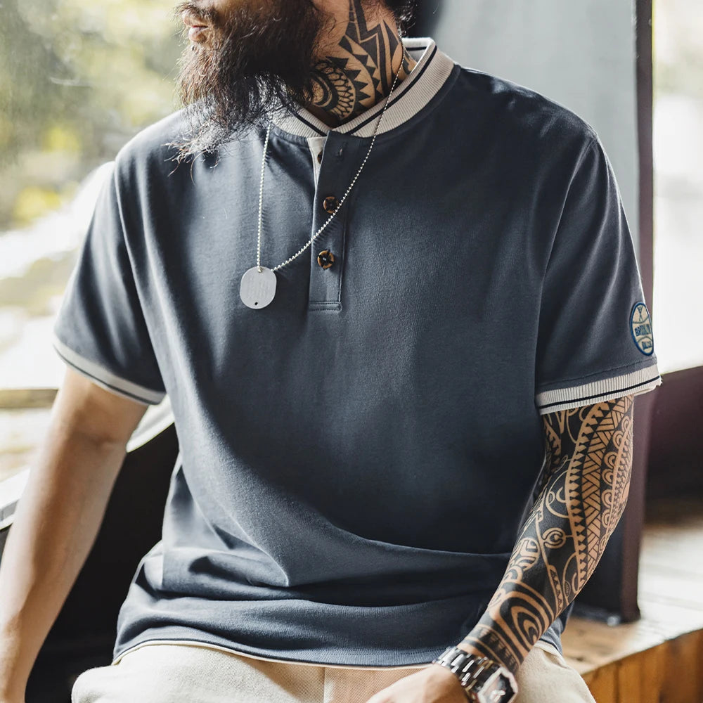 T-shirt Henley vintage à manches courtes pour homme Maden, style baseball, épais, contrasté, brodé, 100 % coton, style rétro, été