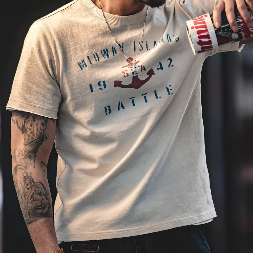 T-shirt à manches courtes en coton imprimé lettres vintage Maden pour homme, coupe ample, col ras du cou, décontracté, idéal au quotidien