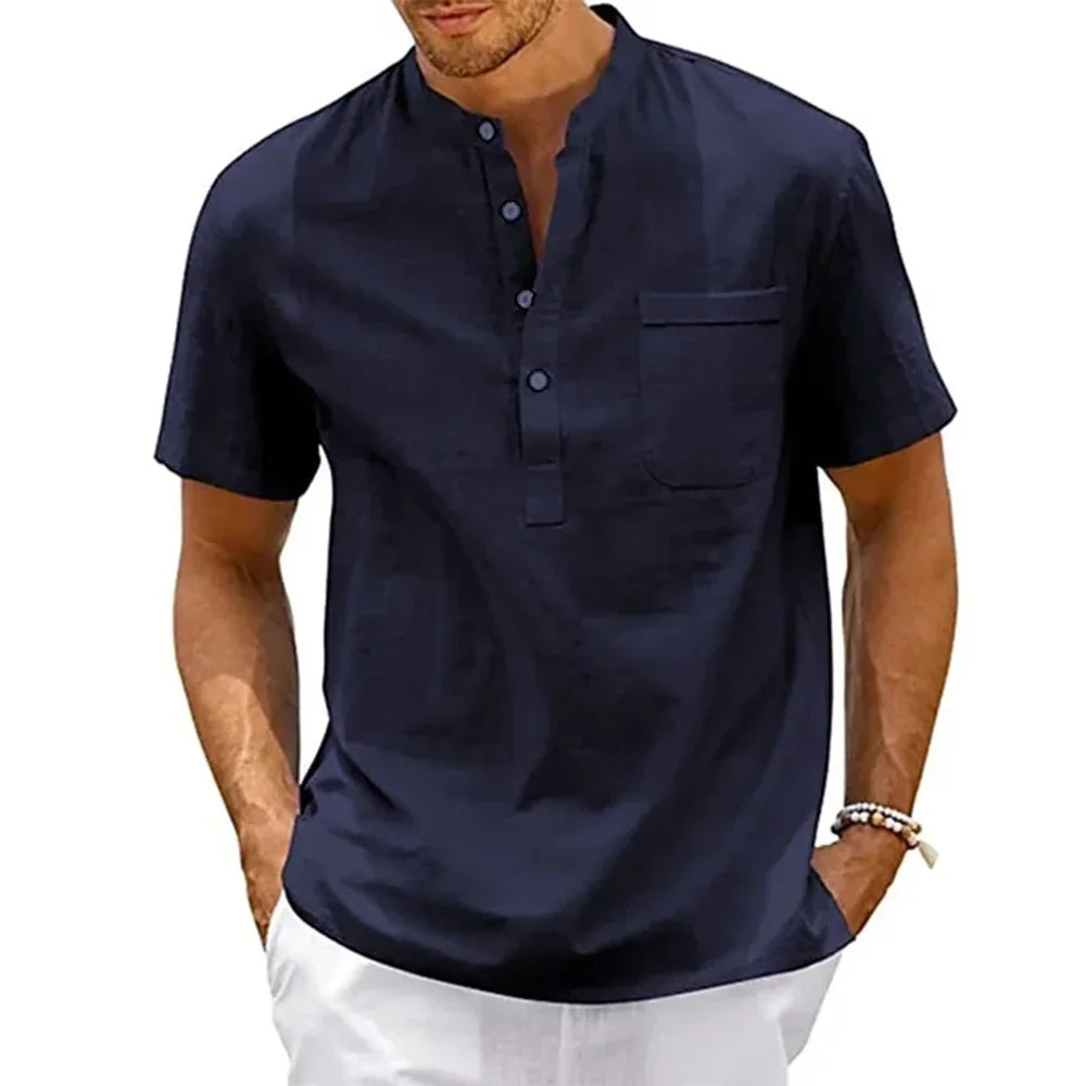 Chemise en coton et lin pour homme, col Henley, poche, décontractée, plage, manches courtes, couleur unie, vintage.