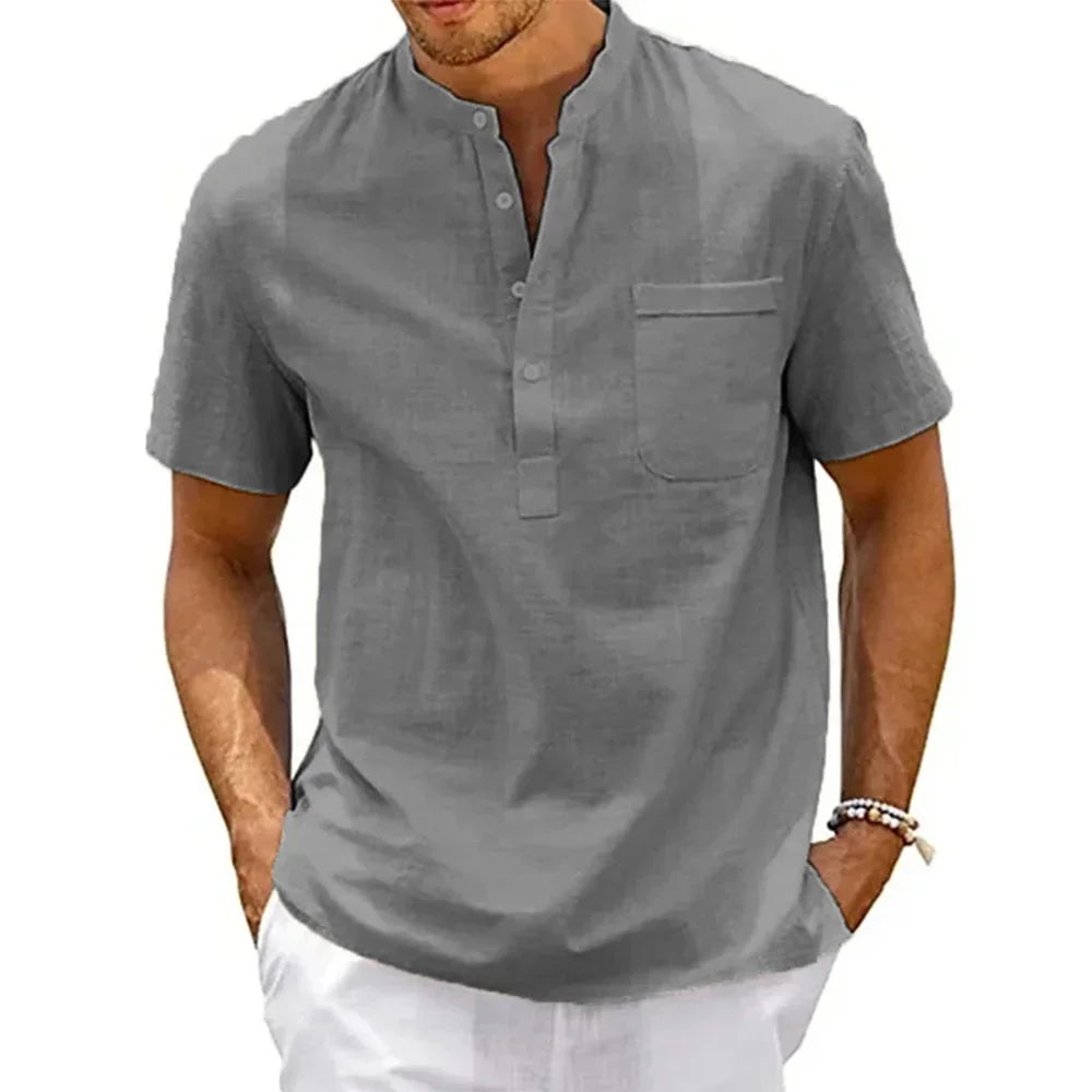 Chemise en coton et lin pour homme, col Henley, poche, décontractée, plage, manches courtes, couleur unie, vintage.