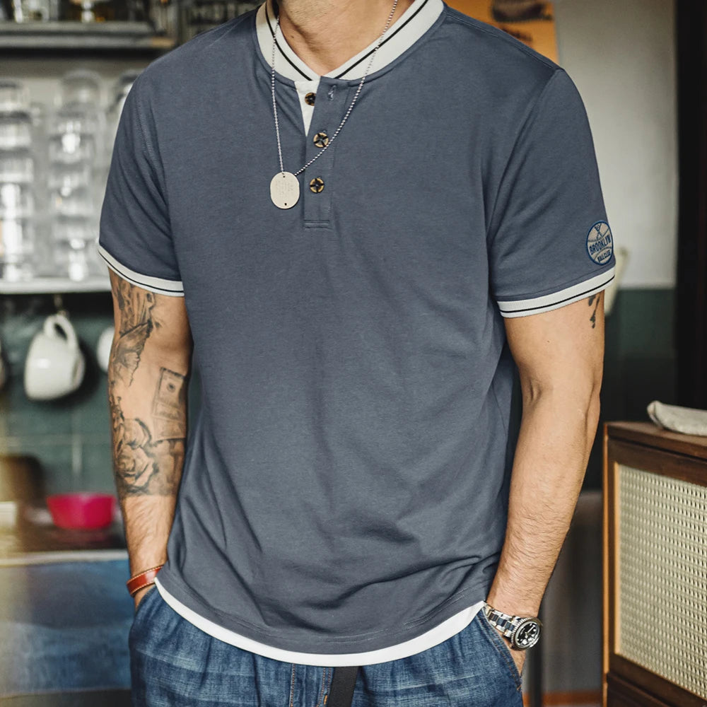 T-shirt Henley vintage à manches courtes pour homme Maden, style baseball, épais, contrasté, brodé, 100 % coton, style rétro, été