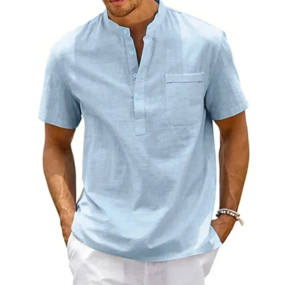 Chemise en coton et lin pour homme, col Henley, poche, décontractée, plage, manches courtes, couleur unie, vintage.