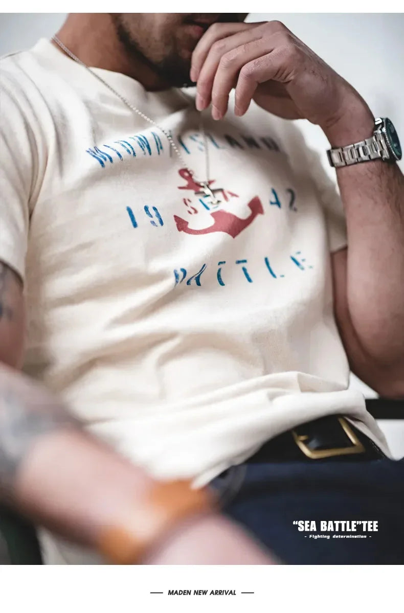 T-shirt à manches courtes en coton imprimé lettres vintage Maden pour homme, coupe ample, col ras du cou, décontracté, idéal au quotidien