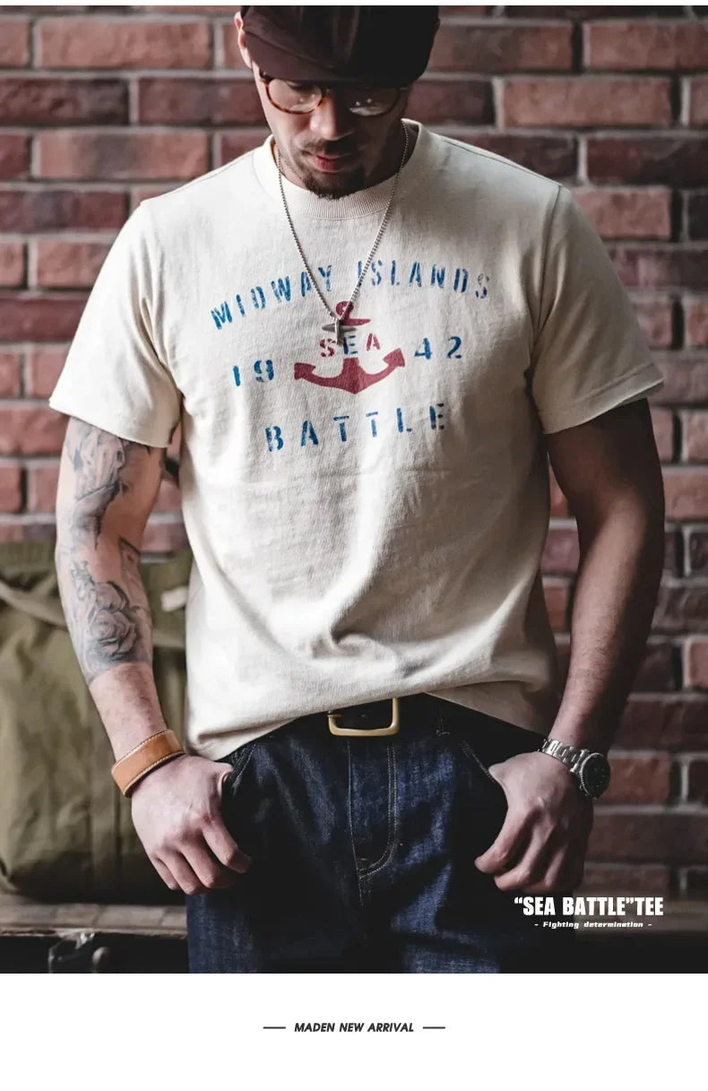 T-shirt à manches courtes en coton imprimé lettres vintage Maden pour homme, coupe ample, col ras du cou, décontracté, idéal au quotidien