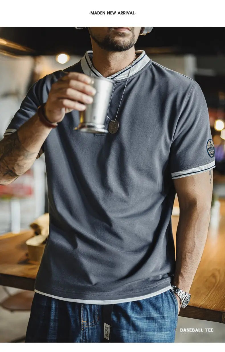 T-shirt Henley vintage à manches courtes pour homme Maden, style baseball, épais, contrasté, brodé, 100 % coton, style rétro, été