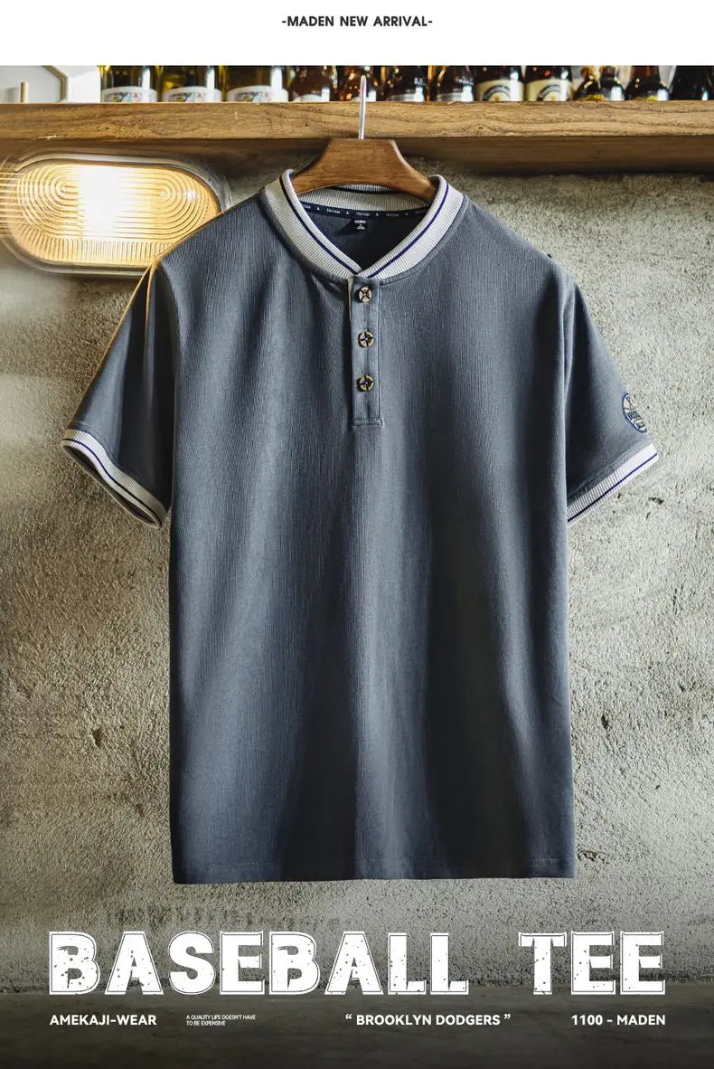 T-shirt Henley vintage à manches courtes pour homme Maden, style baseball, épais, contrasté, brodé, 100 % coton, style rétro, été