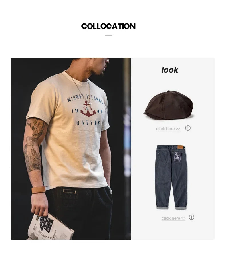 T-shirt à manches courtes en coton imprimé lettres vintage Maden pour homme, coupe ample, col ras du cou, décontracté, idéal au quotidien