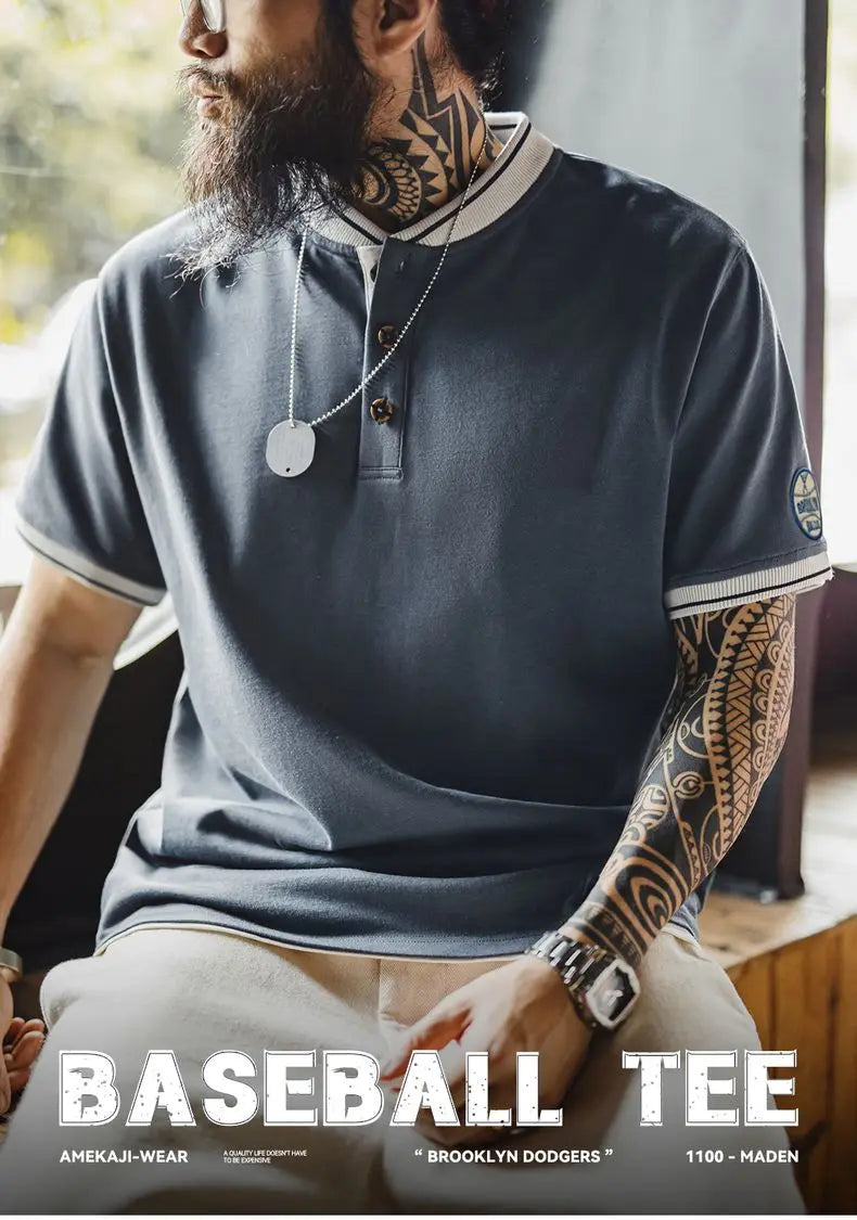 T-shirt Henley vintage à manches courtes pour homme Maden, style baseball, épais, contrasté, brodé, 100 % coton, style rétro, été