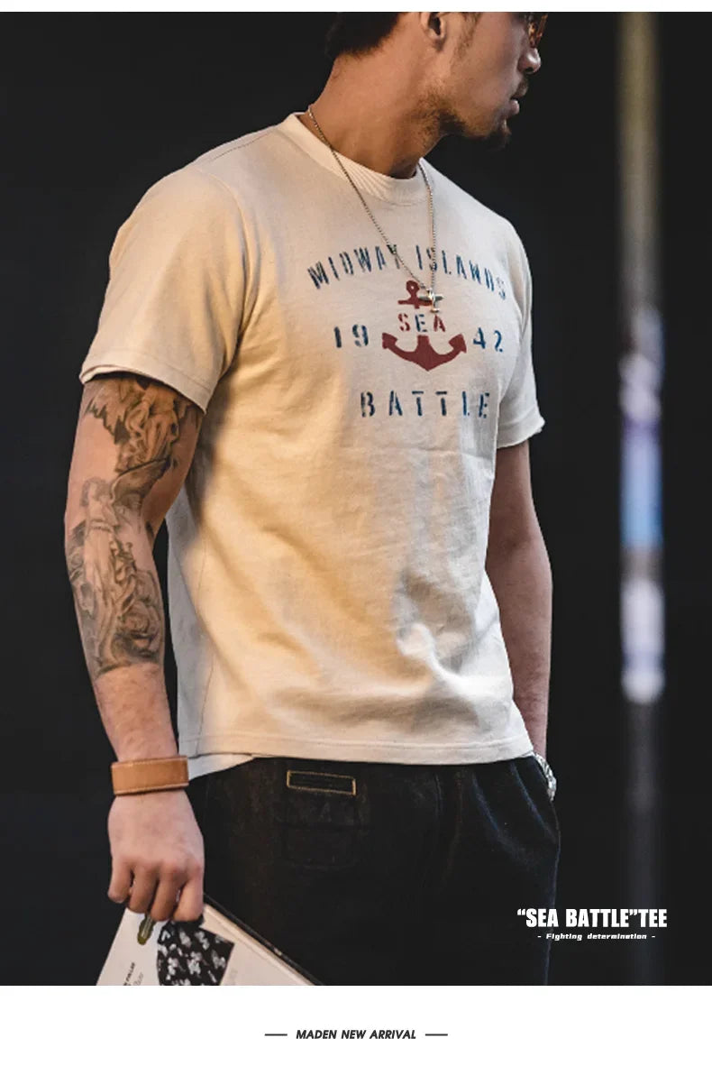 T-shirt à manches courtes en coton imprimé lettres vintage Maden pour homme, coupe ample, col ras du cou, décontracté, idéal au quotidien