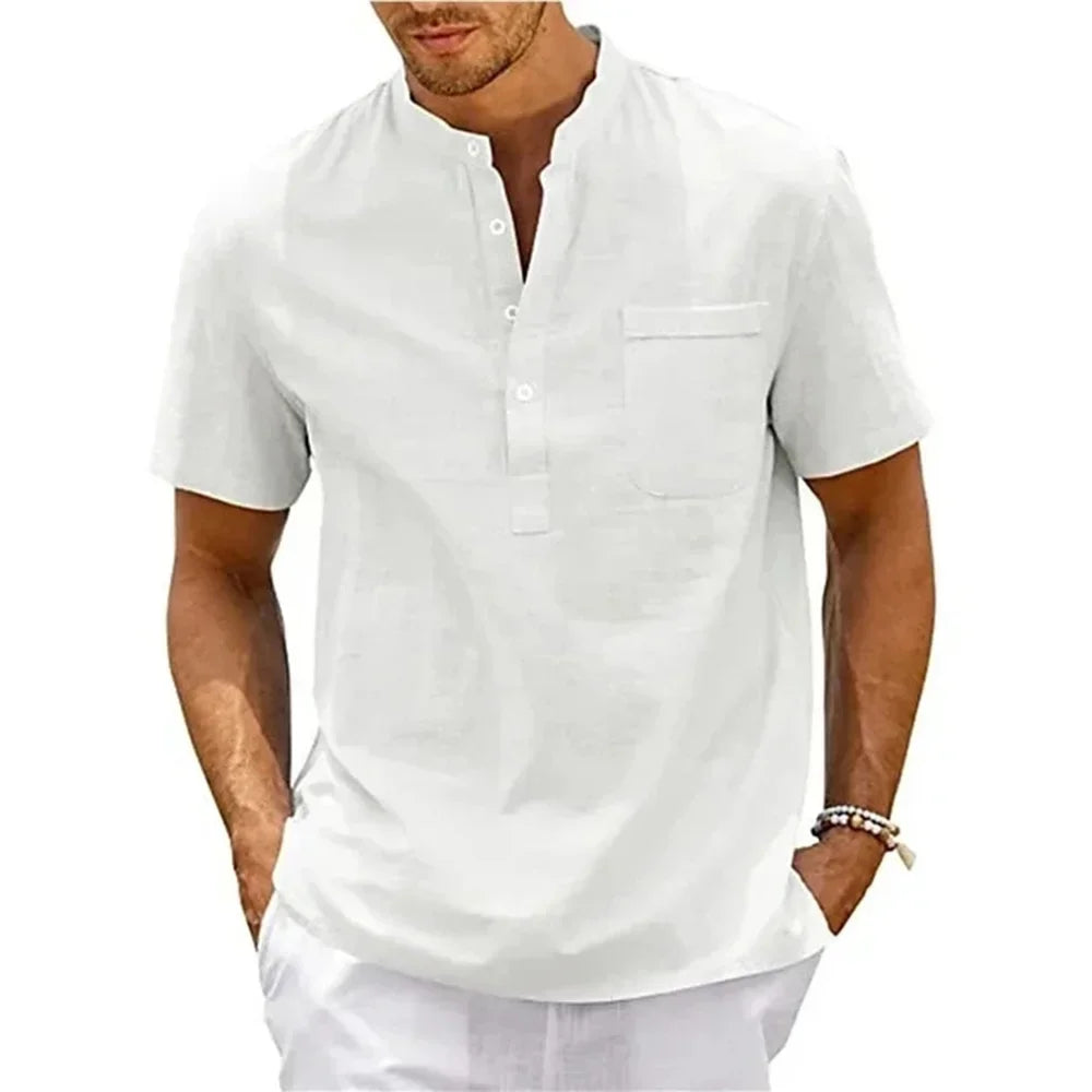 Chemise en coton et lin pour homme, col Henley, poche, décontractée, plage, manches courtes, couleur unie, vintage.