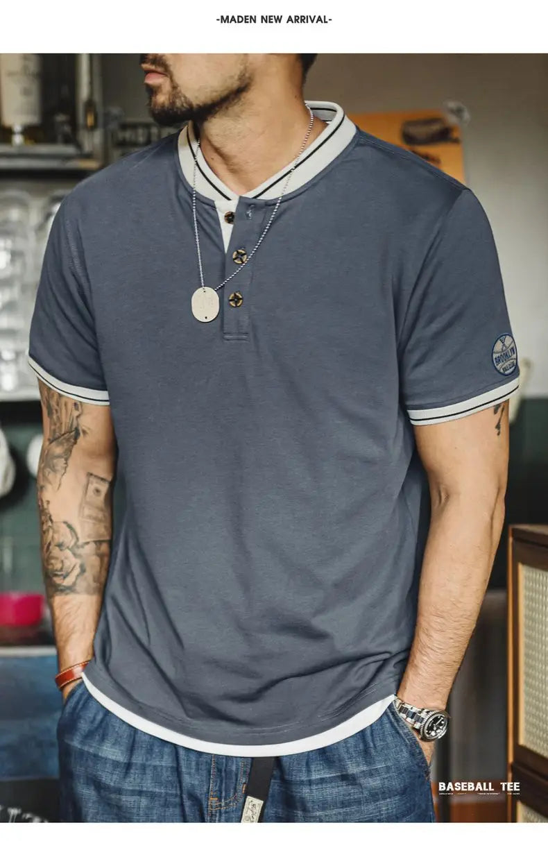 T-shirt Henley vintage à manches courtes pour homme Maden, style baseball, épais, contrasté, brodé, 100 % coton, style rétro, été