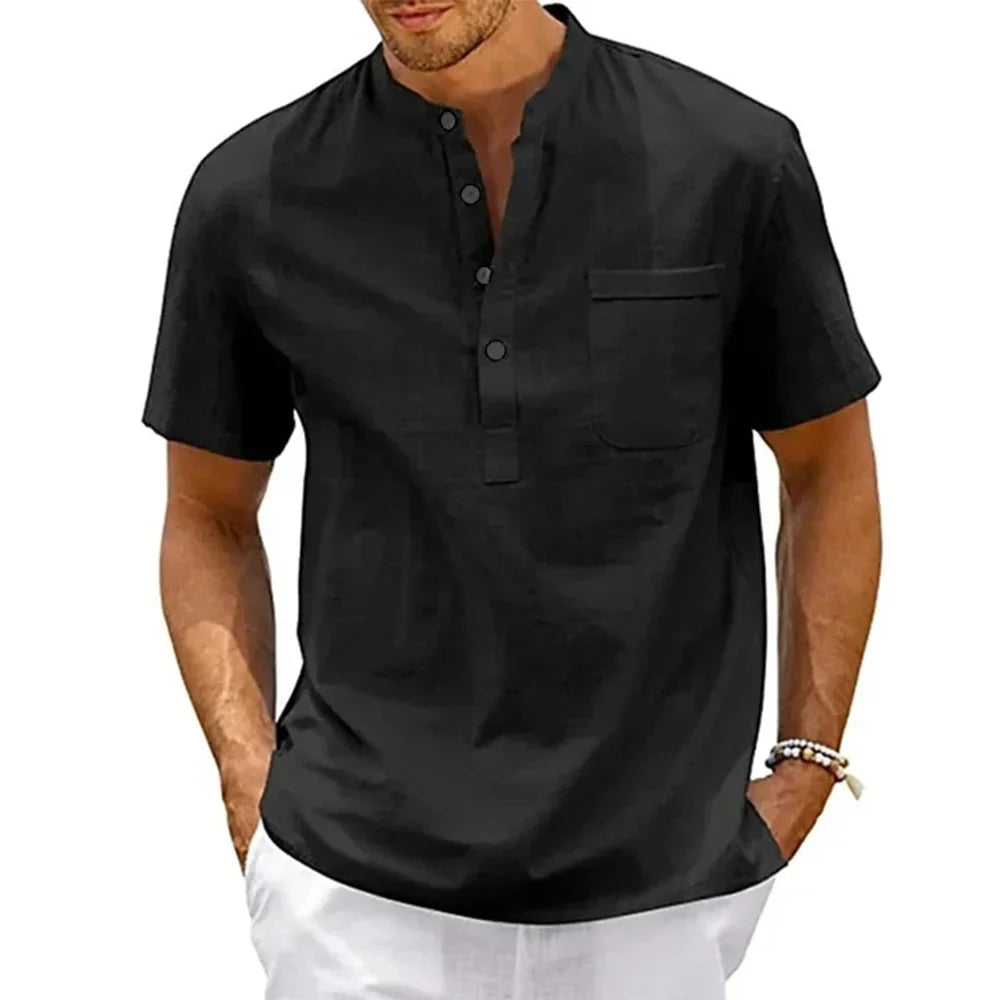Chemise en coton et lin pour homme, col Henley, poche, décontractée, plage, manches courtes, couleur unie, vintage.