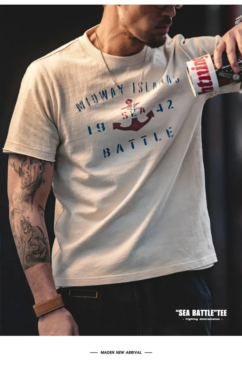 T-shirt à manches courtes en coton imprimé lettres vintage Maden pour homme, coupe ample, col ras du cou, décontracté, idéal au quotidien